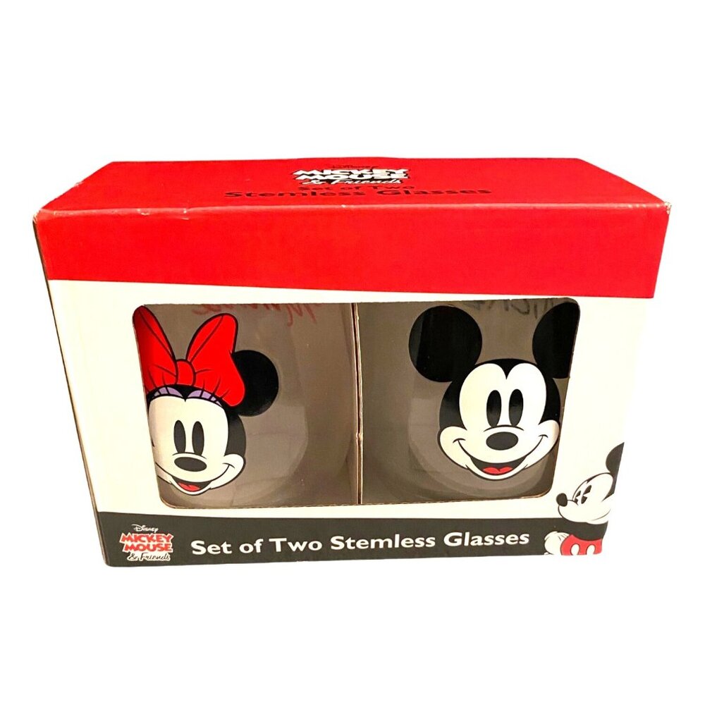 Disney Mickey Minnie Faces Stemless Glass 2pc Set Christmas Gift